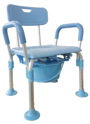 霧面陽(yáng)極藍(lán)色方型座板無(wú)上層帶靠背板帶扶手大圓底腳墊帶圓形四耳便桶洗澡椅  型號(hào)：YM-F29-2